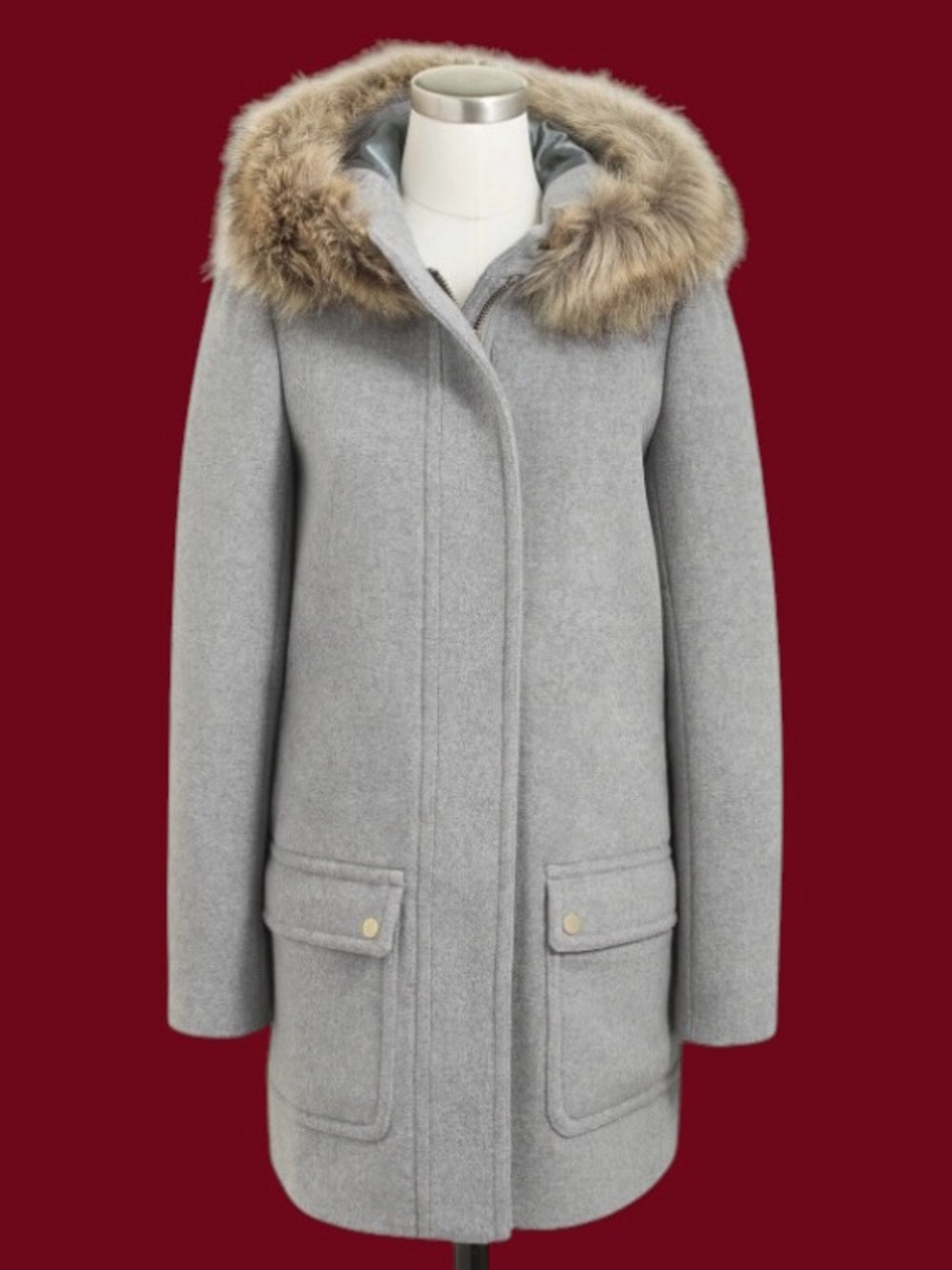 J Crew Women's Grey Wool Parka with Faux Fur Hood -Size 12